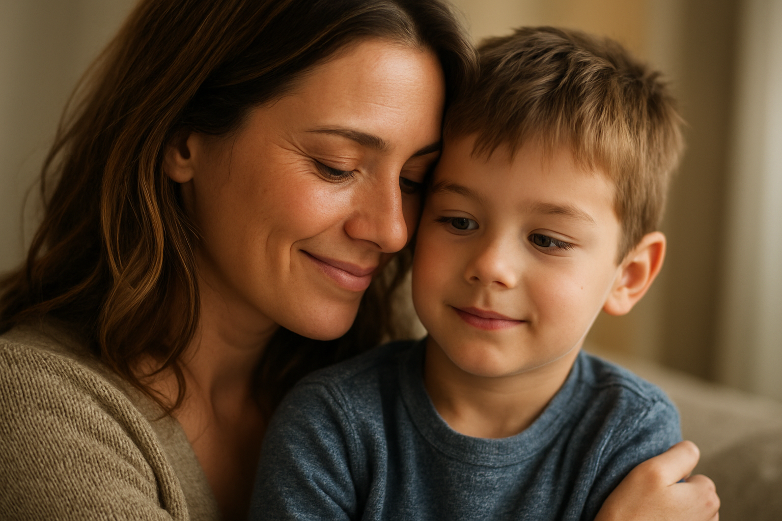 Mãe sorridente e criança pequena olhando juntas para um penico colorido no chão de um quarto bem iluminado.